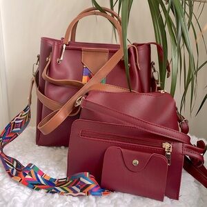 4pc Casual Handbag Set Wine
